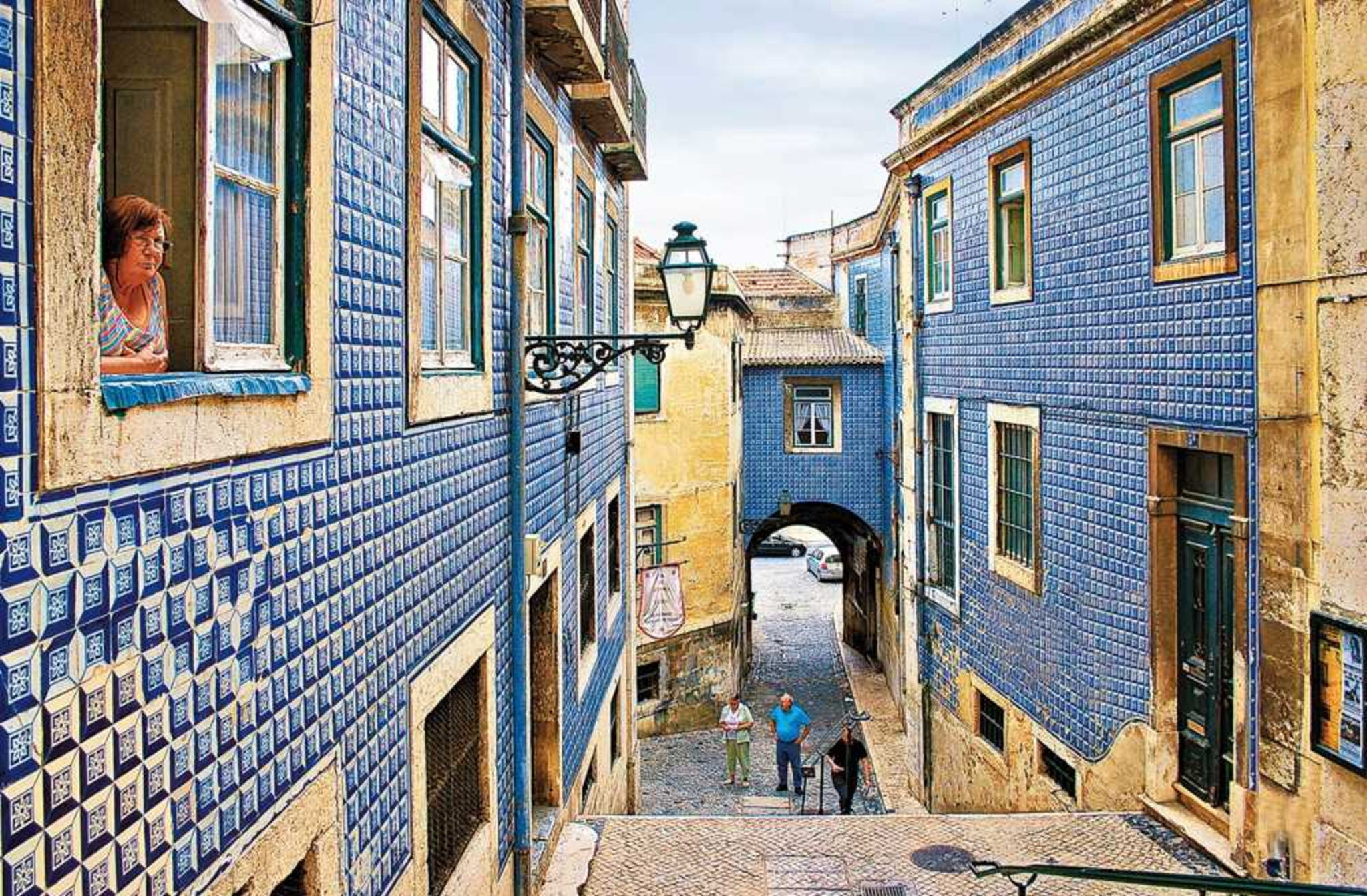 Historic blue tiled street in Portugal