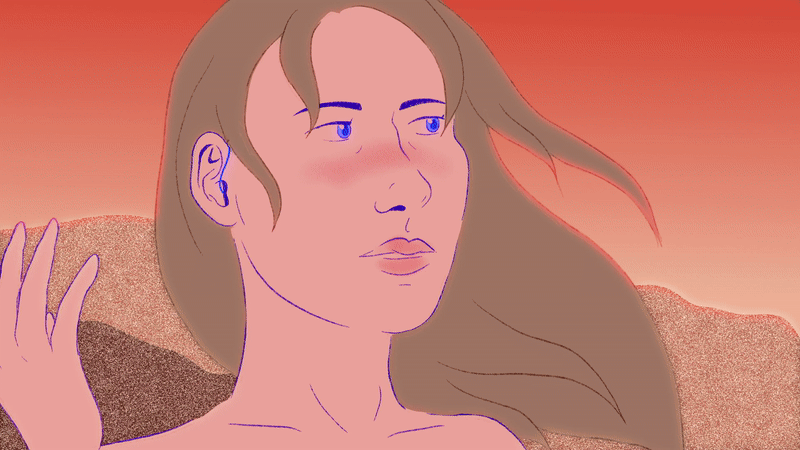Un gif qui montre une fille sourde les cheveux au vent qui enlève son appareil auditif en regardant à droite. Gros plan sur le visage, fond rocheux rouge. 