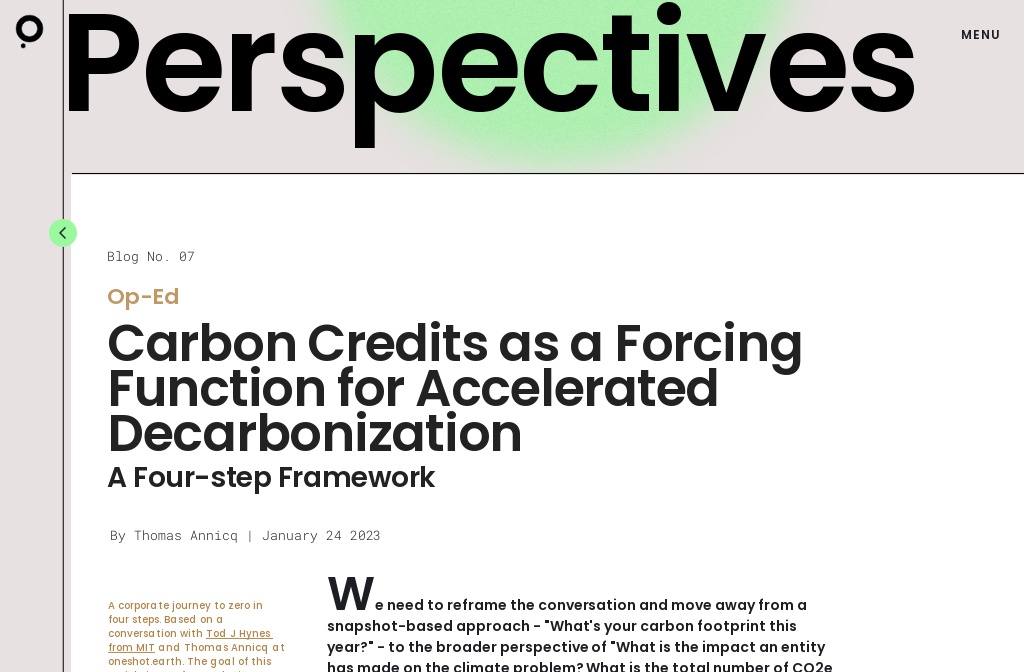 Oneshotearth carbon credits as a forcing function